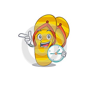 Mascot design style of flip flops standing with holding a clock