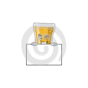 Mascot design style of mug of beer standing behind a board
