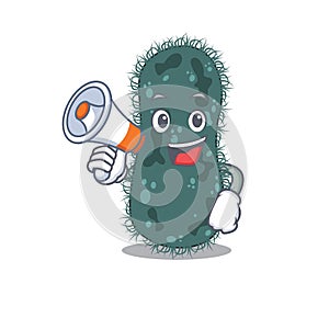 Mascot design of thermotogae announcing new products on a megaphone