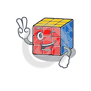 Mascot of funny rubic cube cartoon Character with two fingers