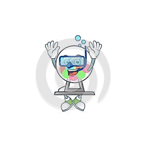 A mascot icon of lottery machine ball wearing Diving glasses