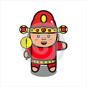 mascot illustration of god of prosperity cute with caution sign