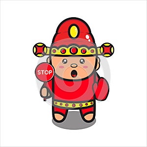 mascot illustration  god of prosperity  cute with stop sign