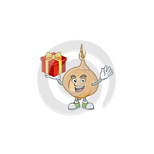Mascot of jicama character up a gift