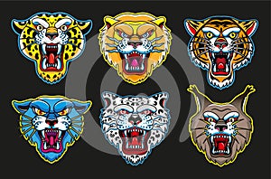 Mascot Logo Collection. Head Of Leopards, Lion, Lunx, Tiger Isolated Illustration