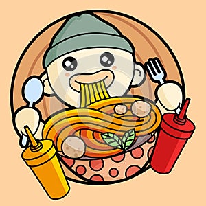 mascot logo vector illustration of a man eating noodles