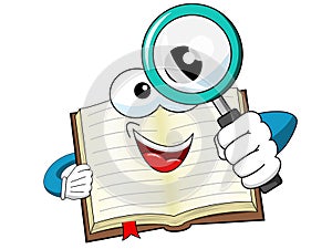 Mascot open book looking magnifying glass isolated