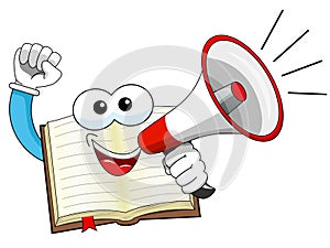 Mascot open book speaking megaphone isolated