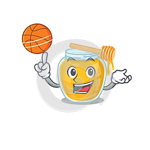 A mascot picture of honey cartoon character playing basketball