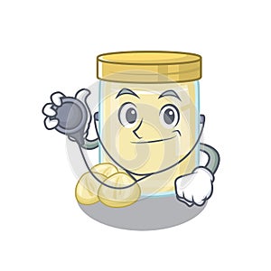 A mascot picture of macadamia nut butter cartoon as a Doctor with tools