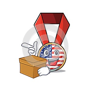 Mascot usa medal in the character with bring box