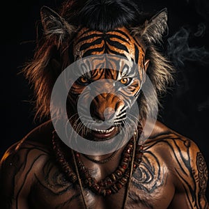 mascular man as angry tiger face roaring on black background