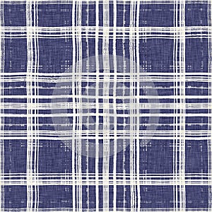 Masculine indigo tartan linen seamless pattern. All over print of navy blue lodge plain cotton plaid background.