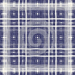 Masculine indigo tartan linen seamless pattern. All over print of navy blue lodge plain cotton plaid background.