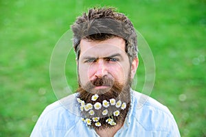 Masculinity concept. Hipster on strict face, green grass background, copy space. Man with beard and mustache enjoy