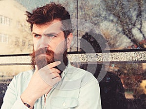 Masculinity concept. Hipster with tousled hair touches beard while looking into distance. Guy looks suspicious. Man with