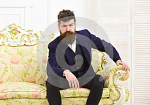 Masculinity concept. Man with beard and mustache wearing classic suit, stylish fashionable outfit. Macho attractive and