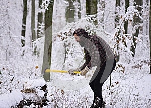 Masculinity concept. Man with warm gloves puts axe into tree