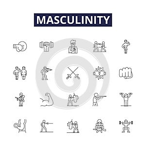 Masculinity line vector icons and signs. Strength, Toughness, Aggression, Courage, Competitiveness, Resilience, Provider