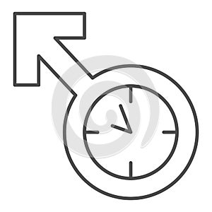 Masculinity, male symbol, clock, watch thin line icon, dating concept, timepiece vector sign on white background