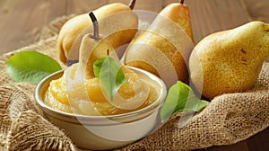 mashed pears on a burlap background. selective focus