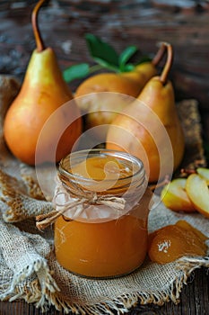 mashed pears on a burlap background. selective focus