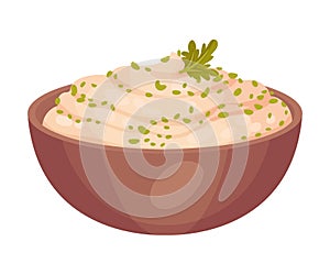 Mashed Potato in Bowl Garnished with Herbs as Thanksgiving Day Attribute Vector Illustration