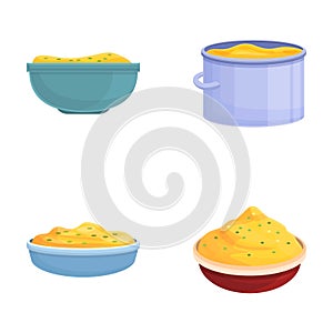 Mashed potato icons set cartoon vector. Fresh mashed potato on bowl