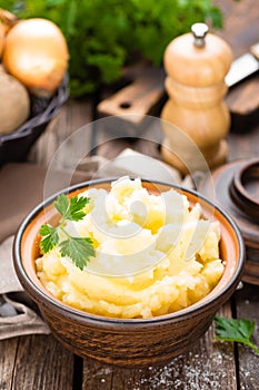 Mashed potato. Potato mash with butter and milk. Boiled potato. Potato puree