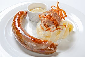Mashed potato and roasted sausage or bratwurst on white plate