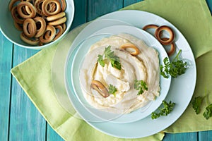 Mashed potato with russian bublik, top view