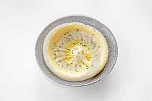 Mashed Potato served in a dish isolated on grey background top view