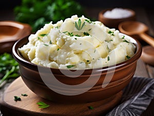 Mashed potatoes with butter, fresh herbs in a ceramic bowl on a wooden cutting board on dark background. Front view of creamy