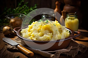 Mashed potatoes with butter, fresh herbs and milk in ceramic bowl on a wooden table, rustic background. Homemade creamy mashed