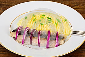 Mashed Potatoes with Herring and Red Pickled Onions