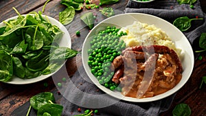 Mashed potatoes and sausages, bangers with onions gravy, green peas