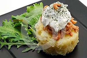 Mashed potatoes with shrimps and creamy cheese close-up