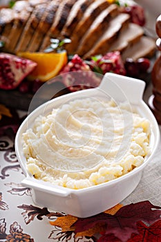 Mashed potatoes on Thanksgiving or Christmas table
