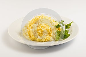 Mashed potatoes on a white plate