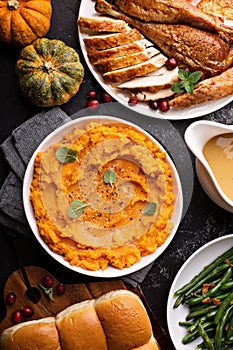 Mashed sweet potatoes on Thanksgiving table