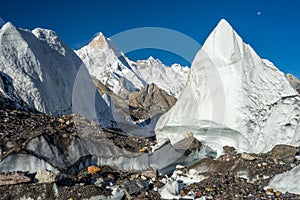 Masherbrum mountain and big ice on Baltoro glacier, K2 trek, Pakistan