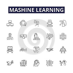 Mashine learning line vector icons and signs. learning, artificial, intelligence, neural, networks, supervised, deep