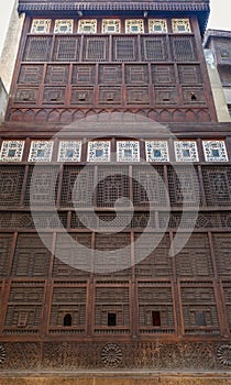 Mashrabiya facade at El Sehemy house, an old Ottoman era house in medieval Cairo, Egypt photo