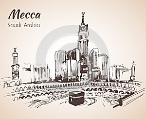 Masjid al-Haram and Abraj Al Bait sketch. Mecca.