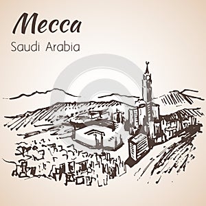 Masjid al-Haram sketch. Mecca. on green background