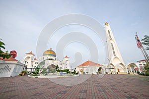 Masjid Selat Melaka or Malacca Straits Mosque during a beautiful sunrise.