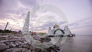 Masjid Selat Melaka or Malacca Straits Mosque during a beautiful sunrise.