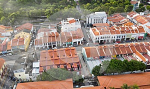 Masjid Sultan, Singapore Mosque in historic Kampong Glam. Panoramic aerial view with city buildings