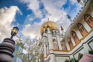 Masjid Sultan, Singapore Sultan Mosque, in Arab Street with blue and cloudy sky