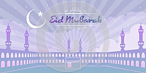 Masjidil Haram in Makkah, Saudi Arabia of Eid Mubarak Happy Eid vector design